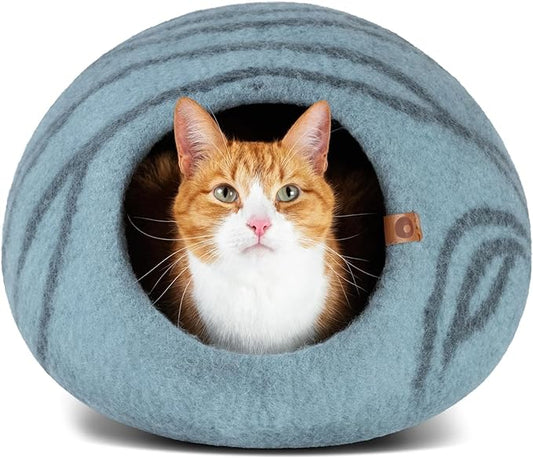 MEOWFIA Premium Felt Cat Bed Cave - Handmade 100% Merino Wool Bed for Cats and Kittens (Light Shades) (Large, Aquamarine)
