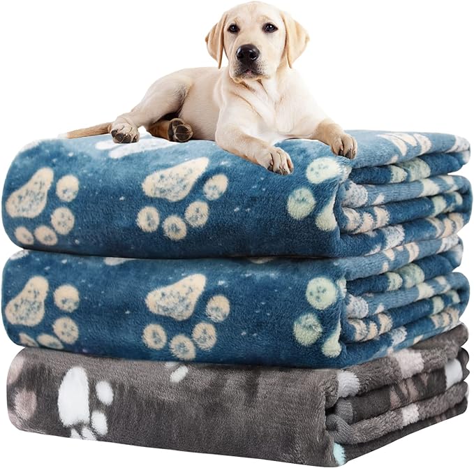 1 Pack 3 Blankets for Dogs, Dog Blankets for Large Dogs, Medium Dog Blanket Super Soft Fluffy Premium Fleece Pet Blanket Flannel Throw for Dog Puppy Cat Paw Blanket, Blue 2+Gray 1,31x41inch