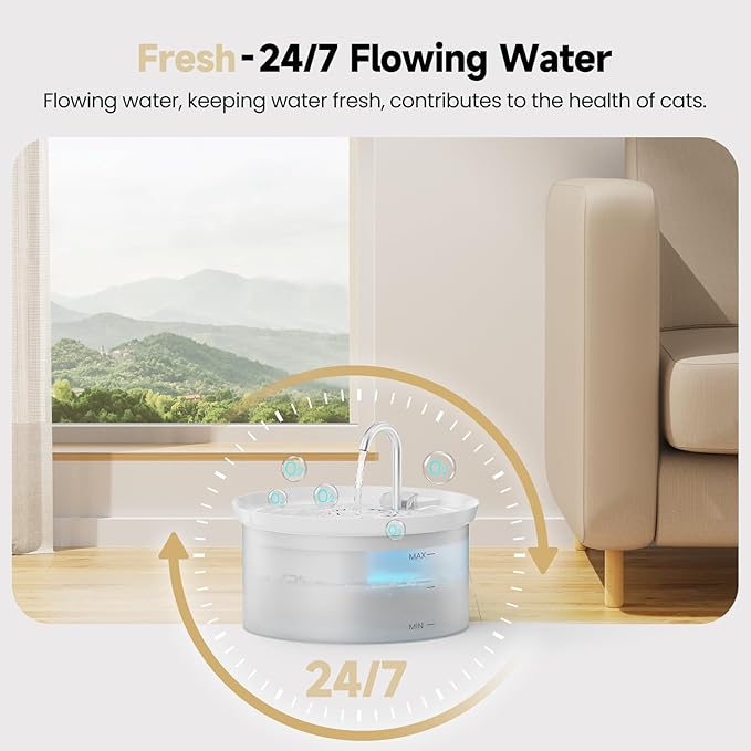 Cat Water Fountain + 6Filters + 3 Sponges: 88Oz Pet Fountain 24/7 Running Water Fresh Help Pets Drink More Water Activated Carbon Filter 5V Ultra Silent Pump Increase Drinking Area(White)