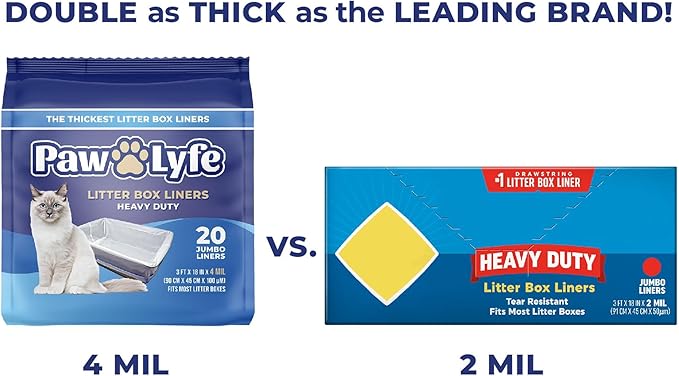 PawLyfe Litter Box Liners: Heavy Duty - Thickest Litter Liner on the Market 4MIL - Tear & Leak Resistant - Drawstring Close - Jumbo, 36” x 18” - 20 Count Jumbo Size Draw String Litter Liners for Cats