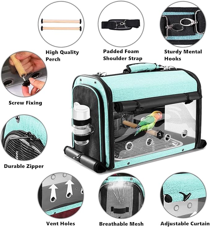 SUERTREE Bird Carrier Bag Bird Travel Cage with Stand, Lightweight Backpack for Parrot, Portable Bird Travel Bag, Pet Transparent Breathable Travel Cage, Green