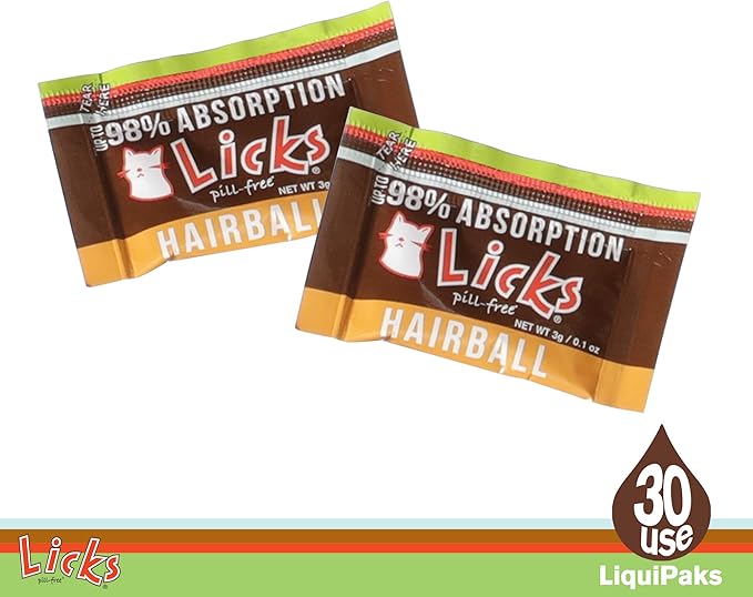 Licks Cat Hairball Support - Cat Grooming Supplies & Cat Hairball Remedy - Beeswax & Cod Liver Oil Hairball Control - Skin Supplement for Cats - Gel Packets - 30 Use