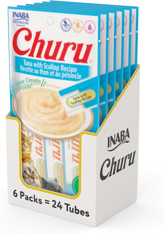 INABA Churu Cat Treats, Grain-Free, Lickable, Squeezable Creamy Purée Cat Treat/Topper with Vitamin E & Taurine, 0.5 Ounces Each Tube, 24 Tubes (4 per Pack), Tuna with Scallop Recipe