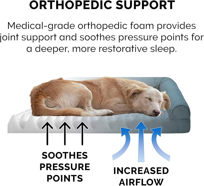 Furhaven Orthopedic Dog Bed for Large/Medium Dogs w/ Removable Bolsters & Washable Cover, For Dogs Up to 55 lbs - Pinsonic Quilted Paw L Shaped Chaise - Bluestone, Large