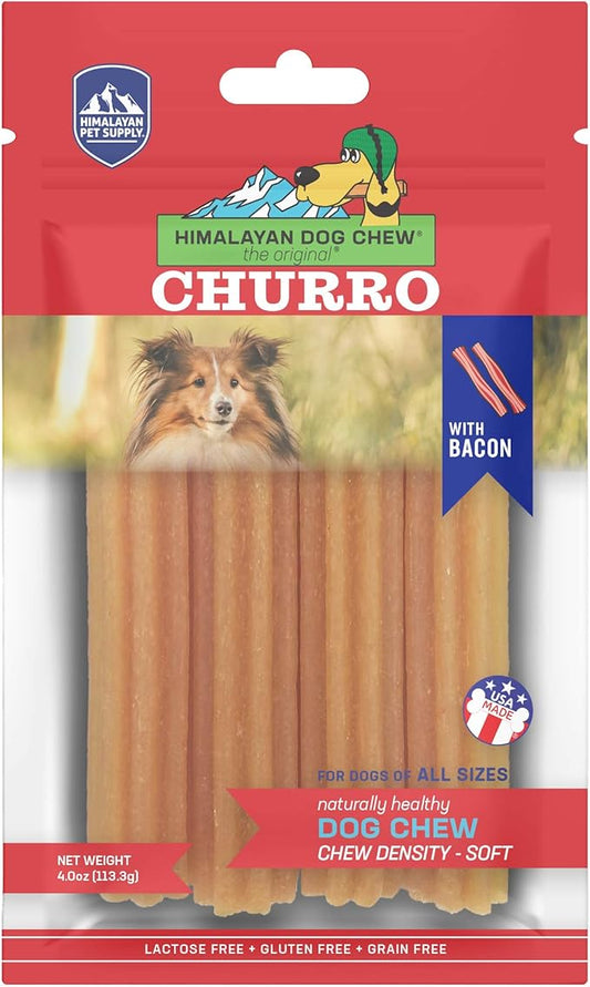 Himalayan Dog Chew Churro Yak Cheese Dog Chews, 100% Natural, Long Lasting, Gluten Free, Healthy & Safe Dog Treats, Lactose & Grain Free, Protein Rich, For All Breeds, Soft, Real Bacon Flavor, 4 oz