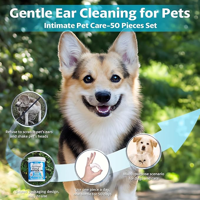 OBSEDE Dog Ear Wipes - Wider Ear Finger Cleaner Grooming Kit Care for Dogs and Cats Regular Soothing Odor Control Reduce Dirt Wax Build Up Pet Supplies Easy to Use Fresh Coconut Scent, 50 Count