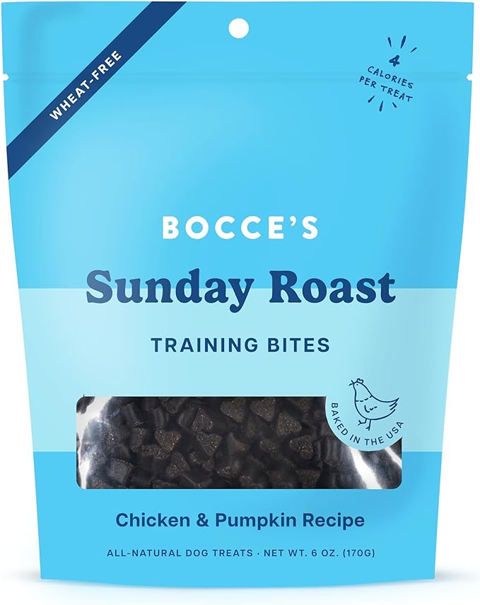 Bocce's Bakery Chicken & Pumpkin Sunday Roast Training Treats for Dogs - Wheat-Free, All-Natural Dog Treats for Training, 6 oz Bag