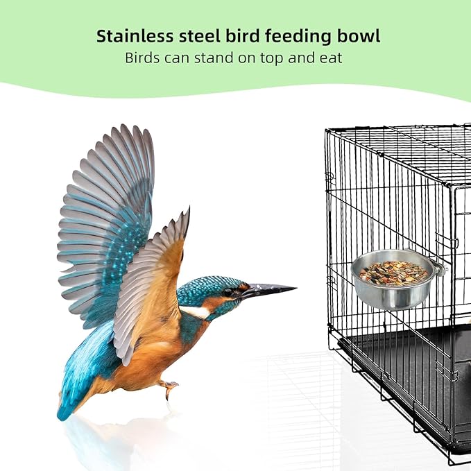 2Pcs Large Ohtum Bird Bowls for Cage Stainless Steel, Parakeet Feeding Dish Cups with Clamp Holder, Hanging Hamster Foraging Food & Water Bowl for Dog Cat Parrot Cockatiel Budgies Bunny Hedgehog (L)