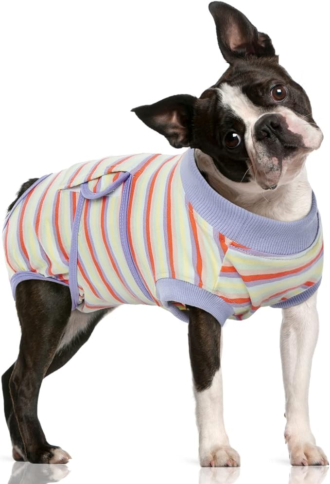 FUAMEY Recovery Suit for Dogs After Surgery,Soft Breathable Dog Bodysuit E-Collar & Cone Alternative Surgical Suit,Male Female Dog Neuter Spay Suits Anti Licking Wounds Onesie Purple Stripes L