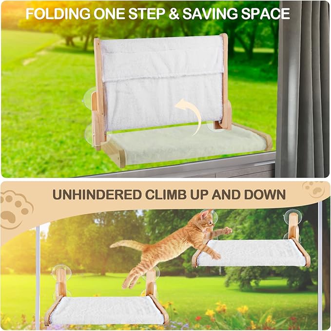 Cat Window Perch Hammock-seat Furniture-Bed – Natural Wooden cat Window Perch, Cordless and Collapsible. Weight Capacity: Over 60 lbs.