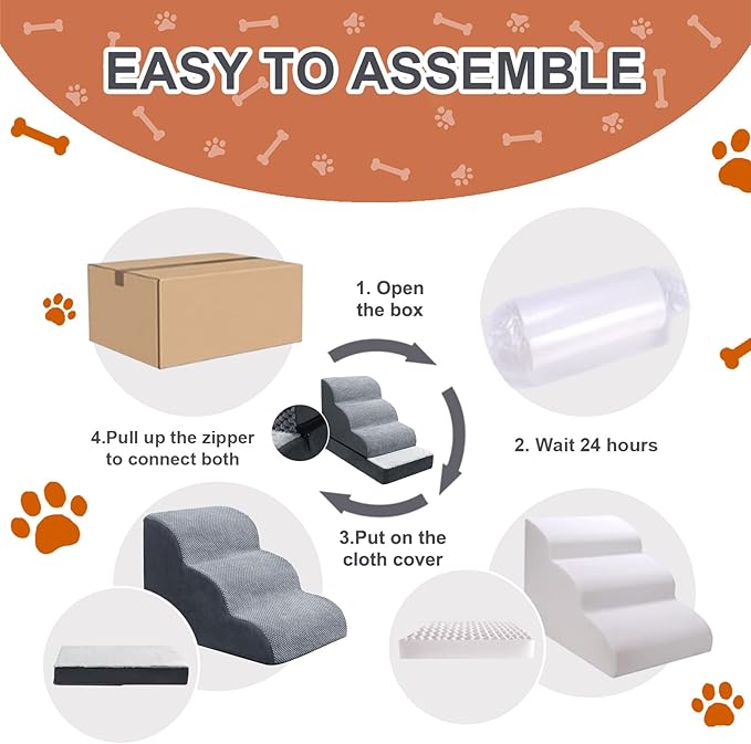 Ryoizen Dog Stairs with dog beds for Small Dogs, Pet Stairs with Waterproof Washable Orthopedic Dog Bed for Crate, 4 Step 2 in 1 Detachable Non-Slip Dog Ramp for Bed Couch up to 20'' Suits Puppy Cat