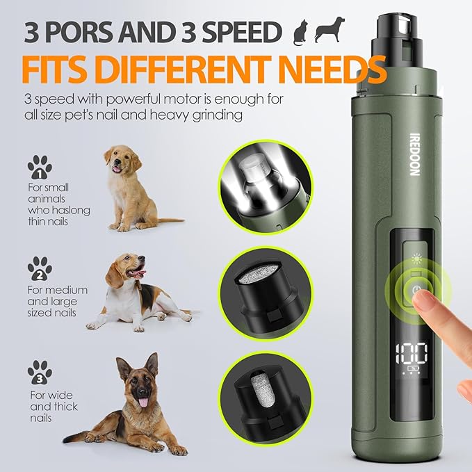 Dog Nail Grinder Upgraded - Professional 3-Speed Super Quiet and Low Vibration Electric Pet Nail Grinder with 4 LED Lights - Painless Paws Grooming & Smoothing for Small to Large Dogs (Green)