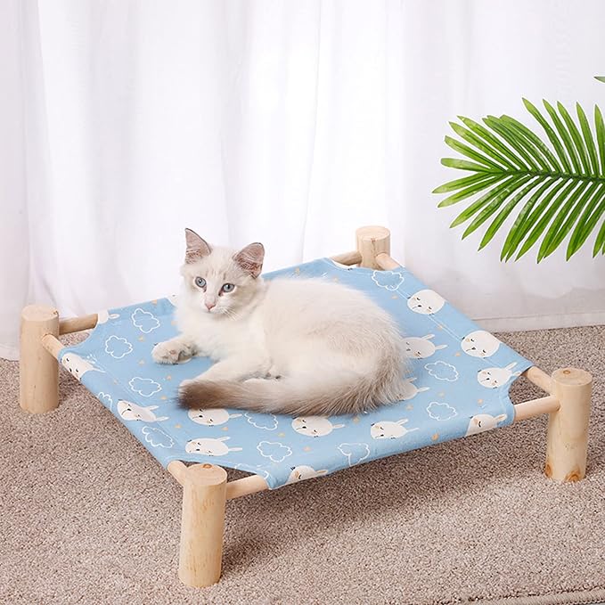 Pozico Cat/Dog Bed Hammock Cat Bed, Wooden Dog Elevated Indoor Outdoor Beds, Raised Cat Cots Furniture Pet Bed Puppy Bed Portable Breathable Mesh Cat Beds for Small Animals-Blue Rabbit