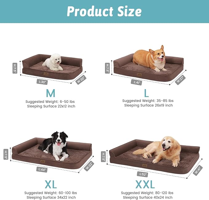 Orthopedic Dog Bed for Large Sized Dogs,Waterproof Dog Sofa Beds L Size, Supportive Foam Pet Couch Bed with Removable Washable Cover,Waterproof Lining and Nonskid Bottom,Brown(L-Shaped)