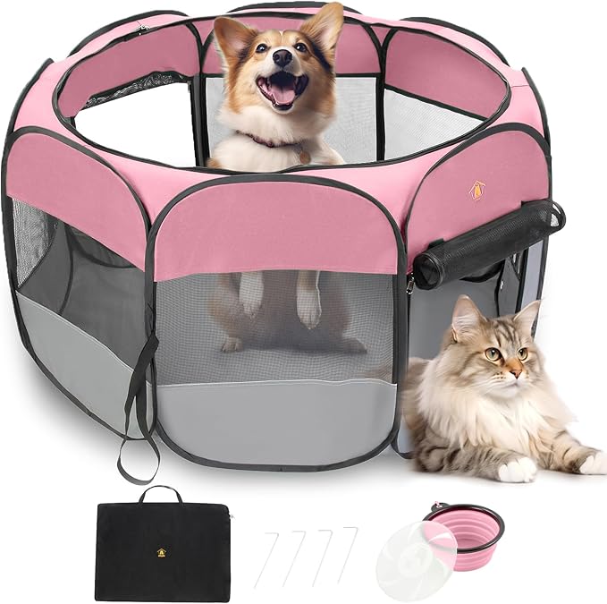 Pet Dog Playpen, 45" Large Puppy Play Pen Tent Crates Cage for Indoor/Outdoor, Portable Playpen for Dog Cat, Foldable Pop Up Kennel Playpen with Waterproof Bottom Pad, Shade Top Cover. Pink