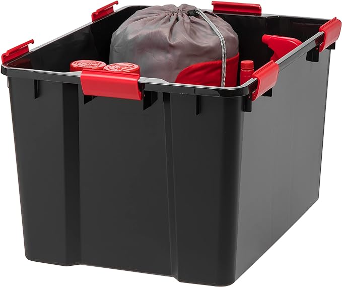 IRIS USA 74 Qt Storage Box with Gasket Seal Lid, 3 Pack - BPA-Free, Made in USA - Heavy Duty Moving Containers with Tight Latch, Weather Proof Tote Bin, WEATHERPRO - Black/Red