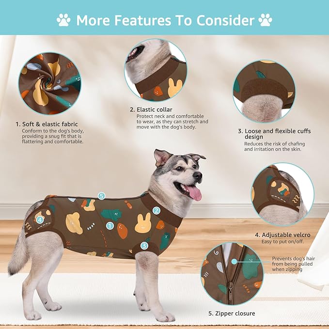 Recovery Suit for Dogs, Dog Surgery Recovery Suit with Zipper Closure Post Spay, Neuter, Abdominal Surgical Suit for Male Female Dogs Can Pee, Prevent Licking Dog Onesies, Brown Bear, XL