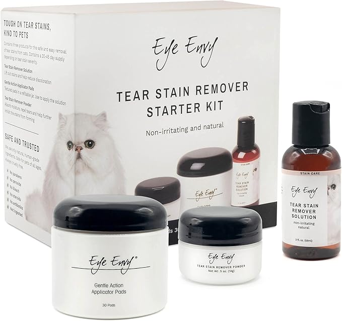 Eye Envy Cat Tear Stain Remover Starter Kit | Tear Stain Essentials in one kit at a 2-Step System | Lasts 30-45 Days | Solution 2 fl.oz, Applicator Pads 30 Count and Powder 0.5oz