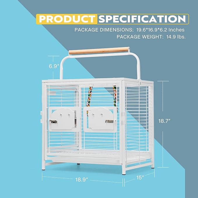 VIVOHOME 19 Inch Wrought Iron Bird Travel Carrier Cage for Parrots Conures Lovebird Cockatiel Parakeets White