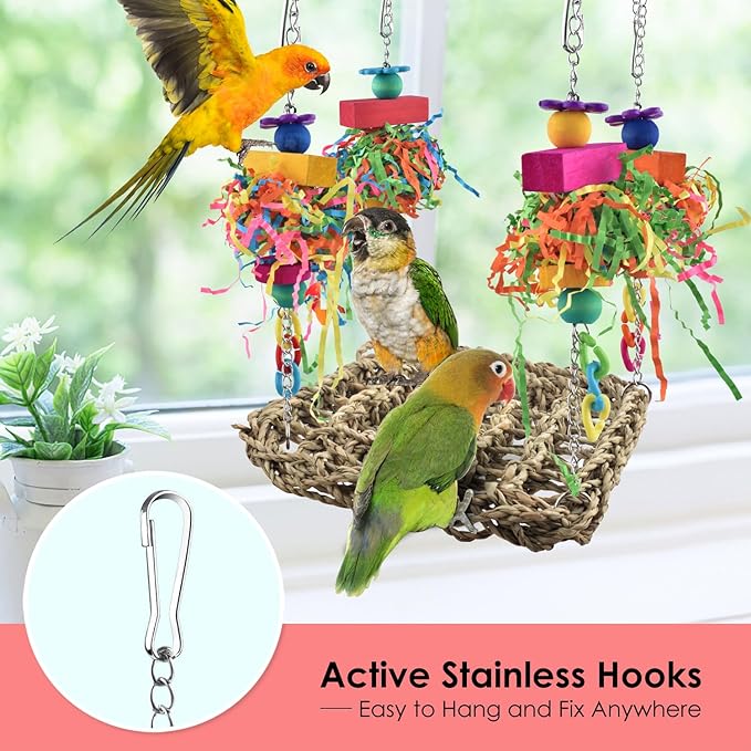 KATUMO Conure Toys, Bird Grass Swing Mat Parrot Climbing Hammock with Colorful Toys for Parakeet, Cockatiel, Sun Conure, Lovebird, Budgie, Small Birds