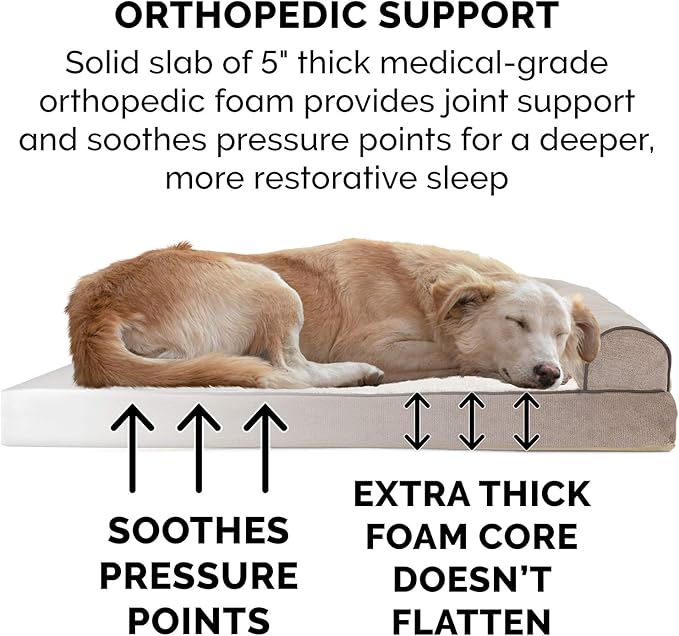 Furhaven Orthopedic Dog Bed for Large Dogs w/ Removable Bolsters & Washable Cover, For Dogs Up to 125 lbs - Sherpa & Chenille Sofa - Cream, Jumbo Plus/XXL