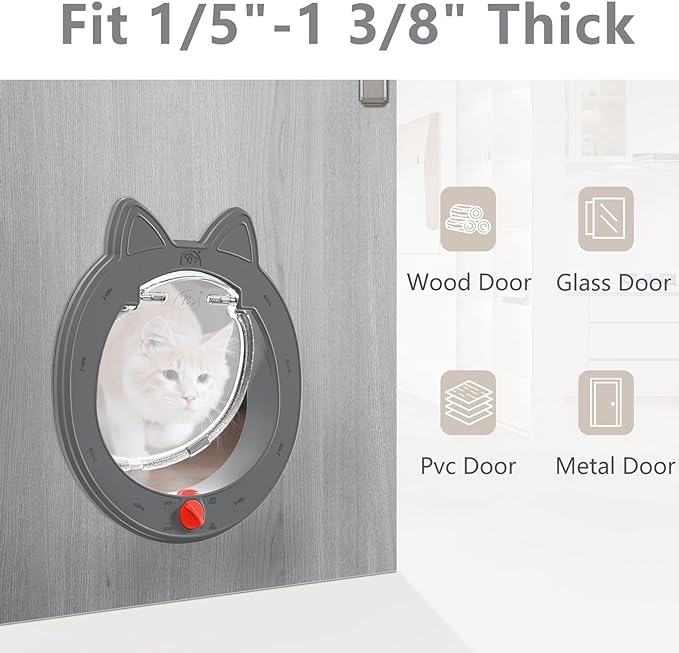 Cat Door with 4 Way Lock,Weatherproof Pet Door for Interior or Exterior Doors, Easy to Install. Grey.