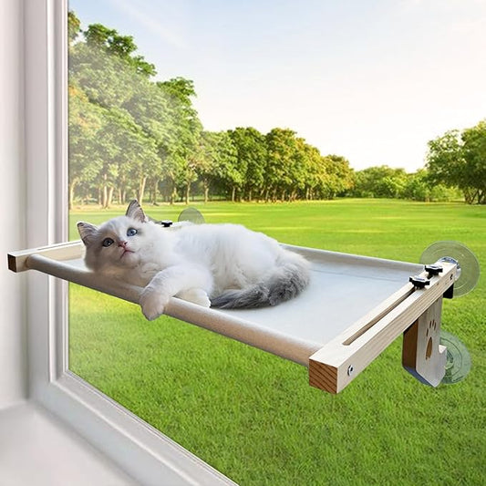 Dual Use Cat Sill Window Perch Cat Window Hammock with 4 Suction Cups Sturdy Solid Wood Frame for Cats Easy to Adjust Cat Bed for Windowsill, Glass Window, Bedside, Drawer and Cabinet(Gray)