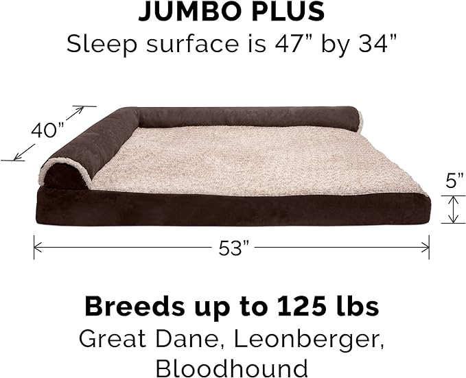 Furhaven Orthopedic Dog Bed for Large Dogs w/ Removable Bolsters & Washable Cover, For Dogs Up to 125 lbs - Two-Tone Plush Faux Fur & Suede L Shaped Chaise - Espresso, Jumbo Plus/XXL