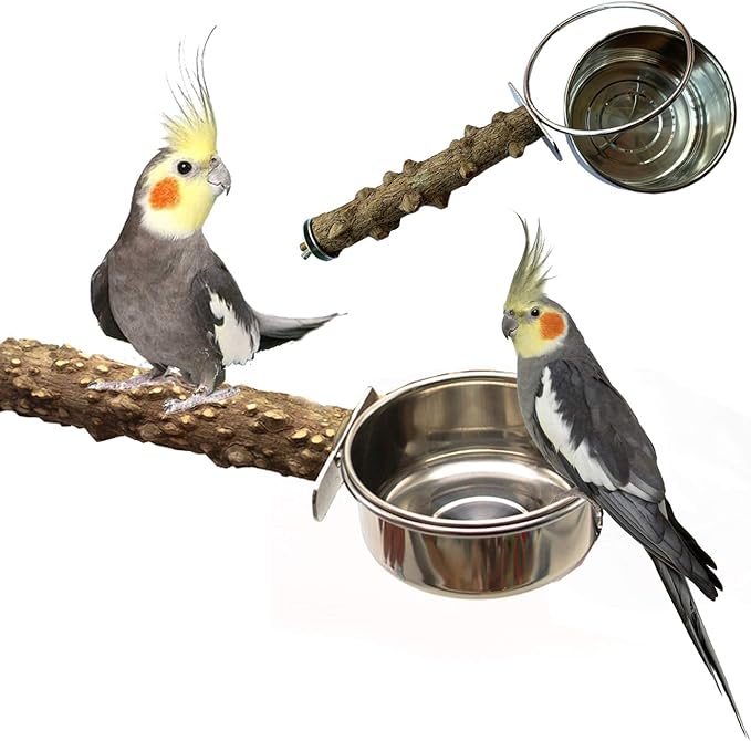 Vehomy Natural Wood Bird Perch with Bird Feeding Cups Bird Stainless Steel Food Water Bowls Dish Feeder for Cockatiel Conure Budgies Parakeet Parrot Bird platform Stand