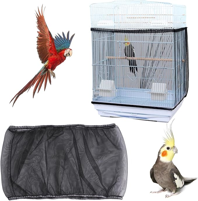 Bird Cage Seed Catcher, Bird Cage Net Cover Adjustable Bird Cage Netting Seed Catcher for Bird Cages Seed Catcher Guard Net Cover Bird Cage Skirt for Parrot Parakeet Macaw Round Square Cages - Black