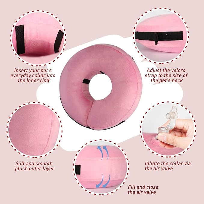 Inflatable Dog Collar-Soft Protective Cone for Dogs After Surgery,Dog Donut Collar Suitable for Dogs and Cats,Dog Cone Collar to Prevent Pets from Touching Stitches,Wounds and Rashes(Pink,M)