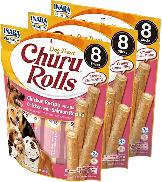 INABA Churu Rolls for Dogs, Grain-Free, Soft/Chewy Baked Chicken Wrapped Churu Filled Dog Treats, 0.42 Ounces Each Stick| 24 Stick Treats Total, Chicken with Salmon Recipe