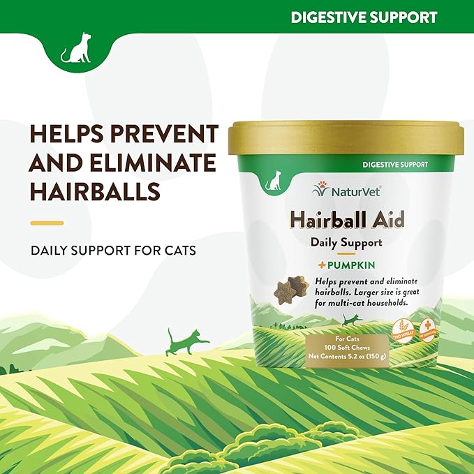 NaturVet – Hairball Aid Supplement for Cats - Plus Pumpkin – Helps Eliminate & Prevent Hairballs – 100 Soft Chews