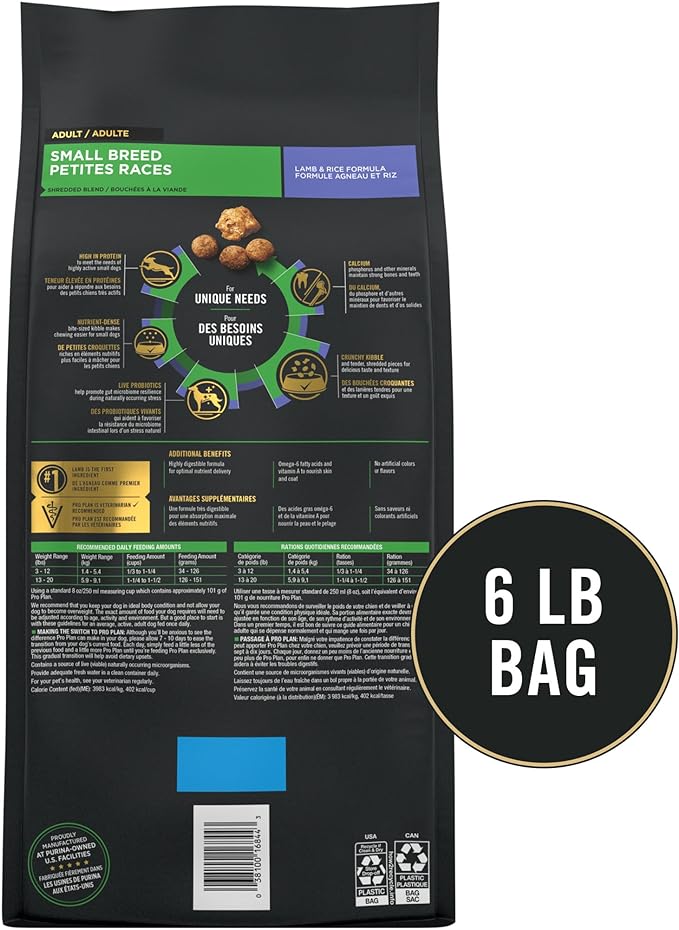 Purina Pro Plan High Protein Small Breed Dog Food, Shredded Blend Lamb & Rice Formula - 6 lb. Bag