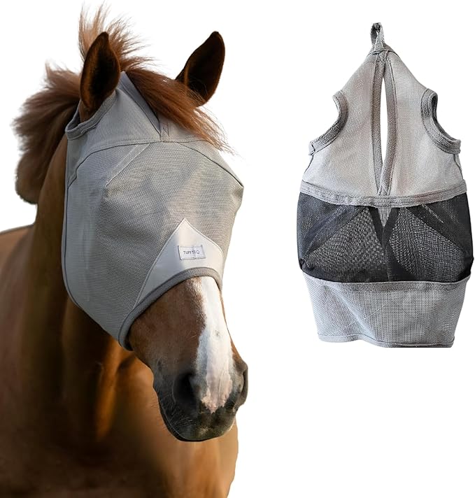 Horse Fly Mask Without Ears, Built-in Visor Breathable Lightweight Horse Fly Mask, 95% UV Eye Protection Horse Supplies, UV Fly Mask for Horses, Adjustable Fit for Comfort Horse Medium/Large Size