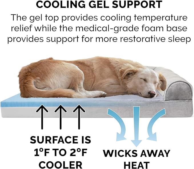 Furhaven Cooling Gel Dog Bed for Large Dogs w/ Removable Bolsters & Washable Cover, For Dogs Up to 95 lbs - Faux Fur & Velvet Sofa - Smoke Gray, Jumbo/XL