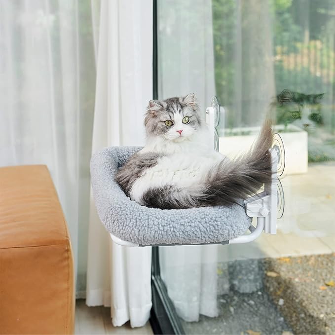 Foldable Cat Hammock for Window - Cordless, Embeded Machine Washable Padded Bed, Robust Metal Frame - Cat Window Perch for Large Cats and Kittens - Gray