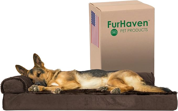 Furhaven Orthopedic Dog Bed for Large Dogs w/ Removable Bolsters & Washable Cover, For Dogs Up to 95 lbs - Plush & Velvet L Shaped Chaise - Sable Brown, Jumbo/XL