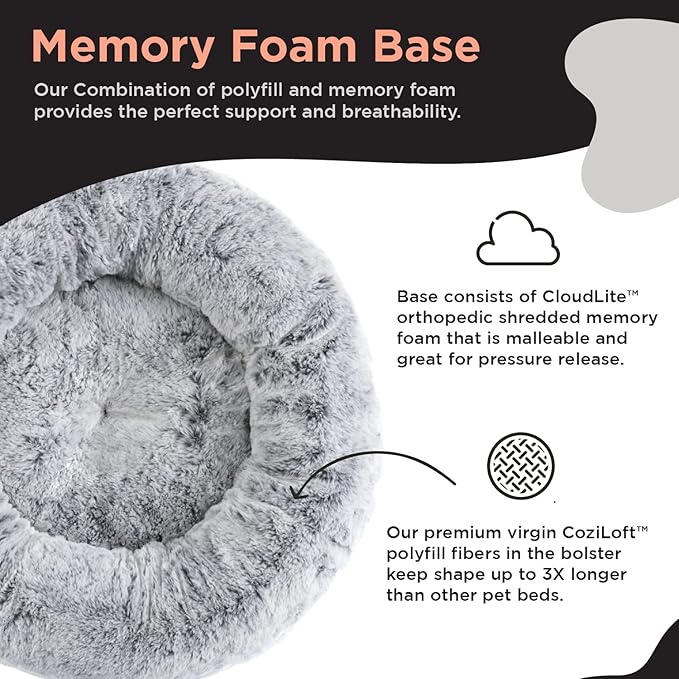 Best Friends by Sheri SnuggleSoft Faux Rabbit Fur Memory Foam Calming Donut Bed for Dogs and Cats, Grey, 23" x 23"