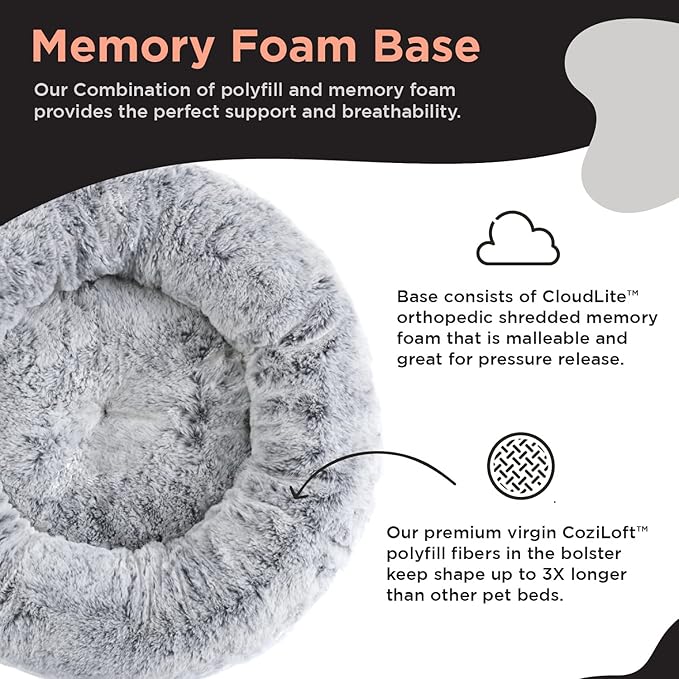 Best Friends by Sheri SnuggleSoft Faux Rabbit Fur Memory Foam Calming Donut Bed for Small Dogs and Cats, Grey, 18" x 18"