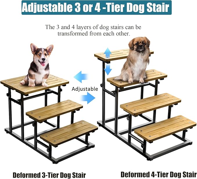 4-Tier Deformable Bamboo Pet Dog Stairs Dog Steps for Small Medium Dogs, Adjusted 4 or 3 Ladder Dog Step Pet Stairs for High Bed & Couch, Metal & Non-Slip Bamboo Board Pet Step Cat Stairs Steps