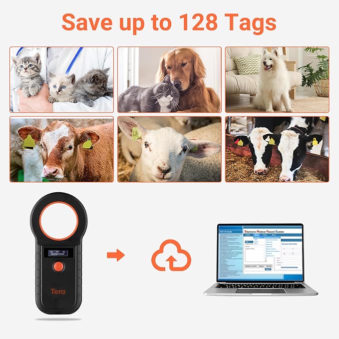 Tera Animal Tag Reader Pet Microchip Scanner with OLED Display Screen Portable RFID Rechargeable Data Storage 2.4G Wireless & Wired USB EMID FDX-B(ISO11784/85) for Animal Management, Black W90D