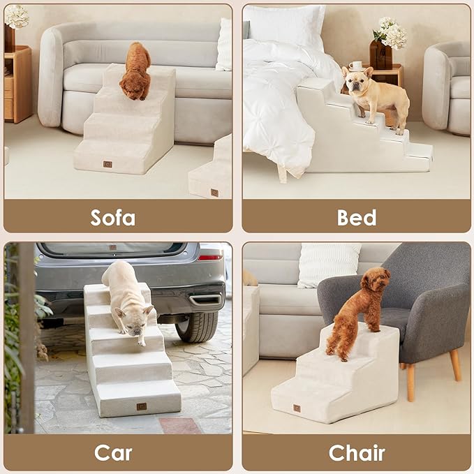 EHEYCIGA Dog Stairs for Beds 19.7" H, 4-Step Dog Steps for Small Dogs and Cats, Slope Pet Steps with Non-Slip Bottom, Beige