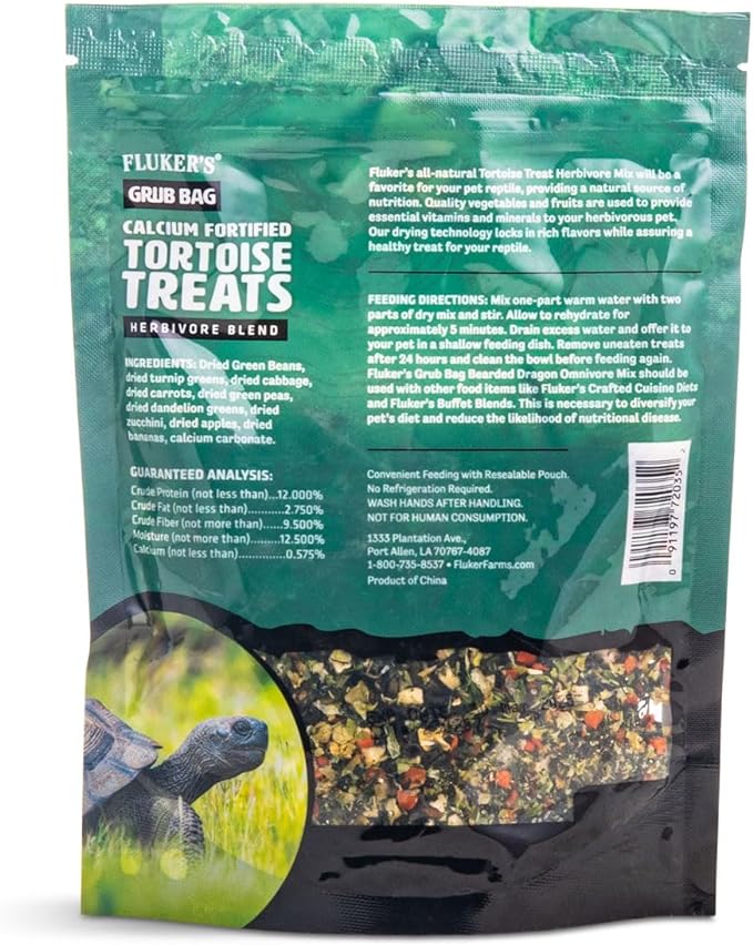 Fluker's Grub Bag Calcium Fortified Tortoise Treats, All Natural Herbivore Blend Fruits and Vegetables, for Tortoise and Herbivore Pets, 4 oz