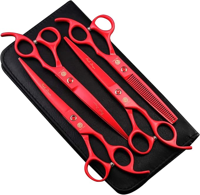 Purple Dragon Professional 7.0 inch 4PCS Pet Grooming Scissors Kit Japan Premium Steel Straight & Curved & Thinning Blade Dog Hair Cutting Shears Set with Case