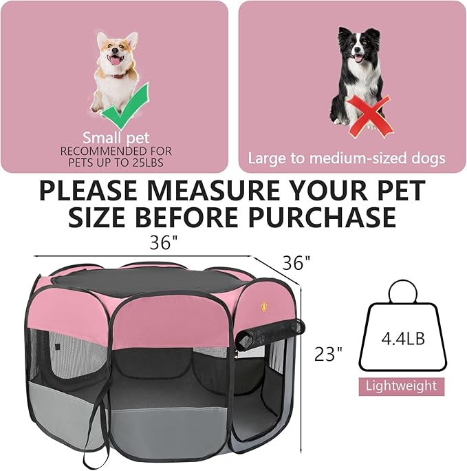 Pet Dog Playpen, 36" Medium Puppy Play Pen Tent Crates Cage for Indoor/Outdoor, Portable Playpen for Dog Cat, Foldable Pop Up Kennel Playpen with Waterproof Bottom, Shade Top Cover. Pink