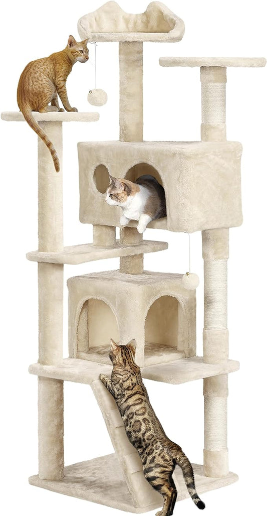 Yaheetech 62in Cat Tree Cat Tower for Indoor Cats, Cat Furniture w/Double Cat Condo, Scratching Posts, Multiple Platforms and Balls for Kittens & Cats, Beige