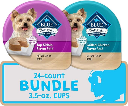 Blue Buffalo Delights Natural Adult Small Breed Wet Dog Food Cups, Pate Style, Grilled Chicken & Top Sirloin 3.5-oz (24 Count - 12 of Each Flavor)