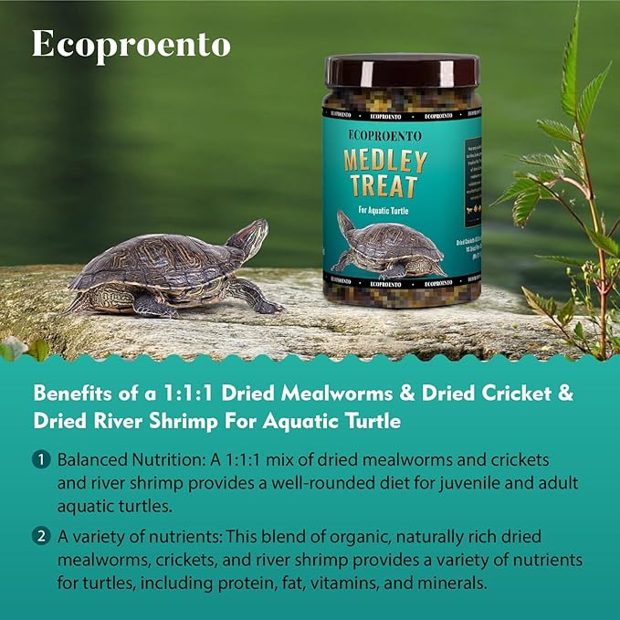 Aquatic Turtle Food - Reptile & Amphibian Food, 3oz Freeze-Dried River Shrimp, Mealworms, and Crickets Medley Treat, Vitamin-Enriched Turtle Shrimp