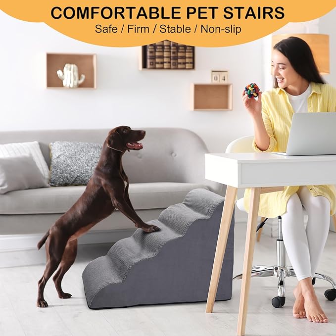 Dog Stairs for Bed, 5 Tier Dog Steps for Couch and High Bed, Non-Slip Pet Stairs, 24" High Sofa Foam Dog Stairs - Best for Small Pets, Older Dogs, Cats with Joint Pain